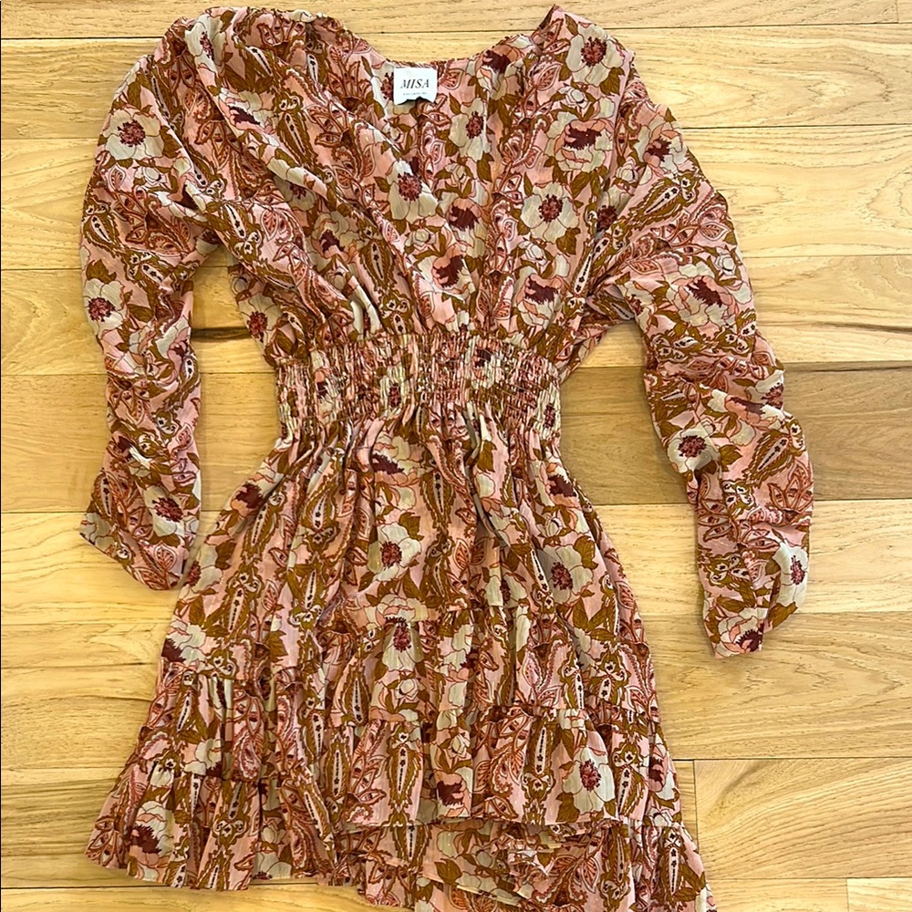 Misa Los Angeles Pink and Brown Floral Long-Sleeve Smocked Waist Dress